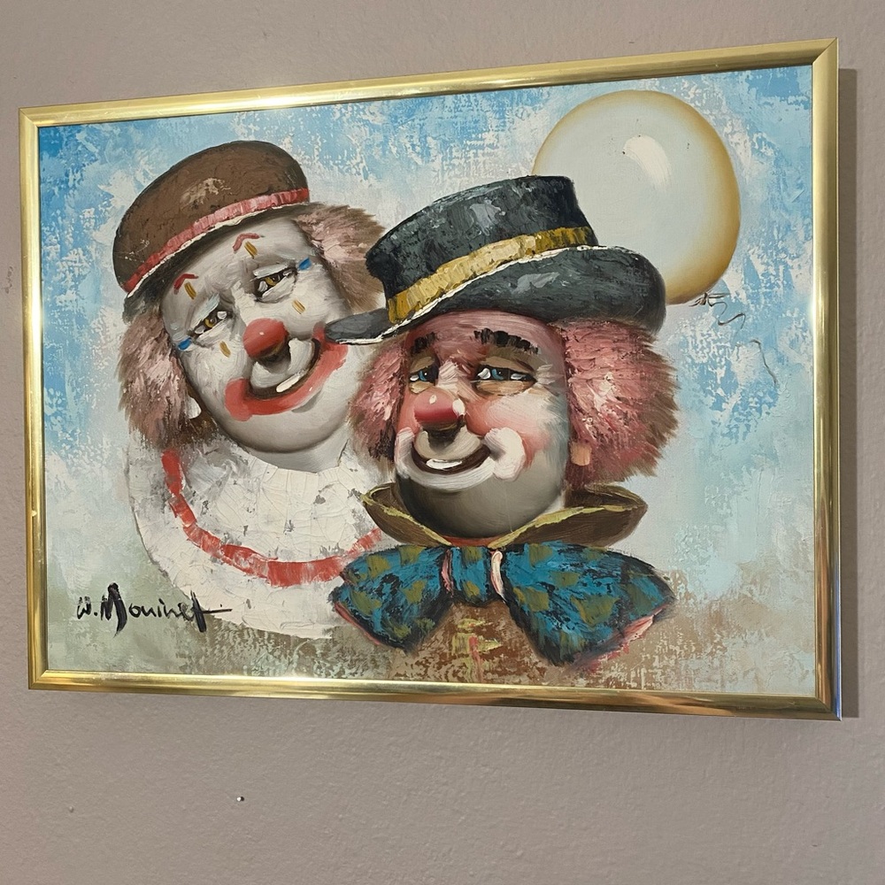 Vintage William Moninet Original Painting Clowns Framed Circus Whimsical Joyful